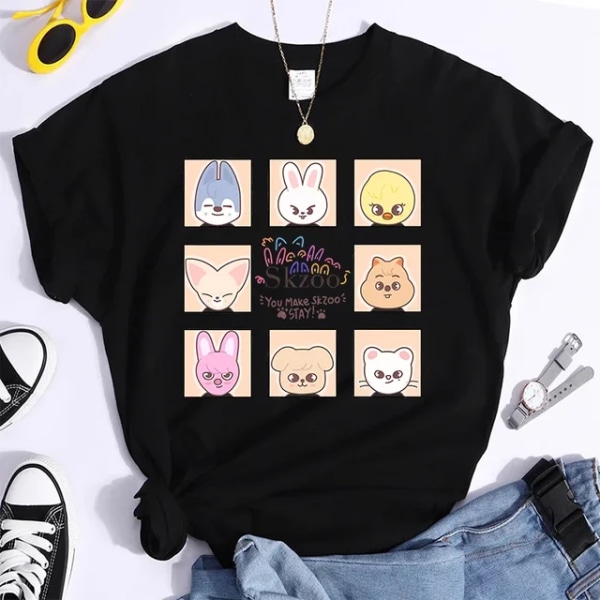 K-POP Stray Kids T-paita Miehille ja Naisille Harajuku Y2K T-paita Rentouttava Kesä Lyhythihaiset T-paidat Naisille TL3274-Musta TL3274-Musta TL3274-Black XXL