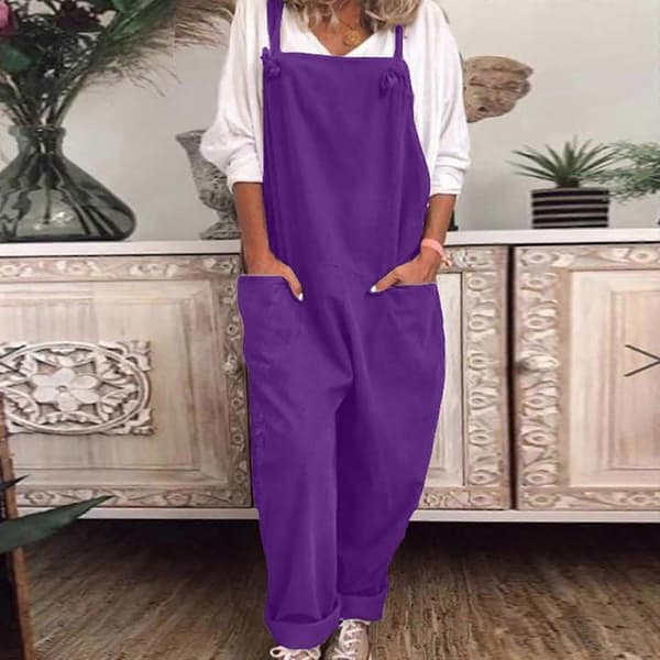 Afslappede løse overalls til kvinder, jumpsuit i bomuld og hør Purple M