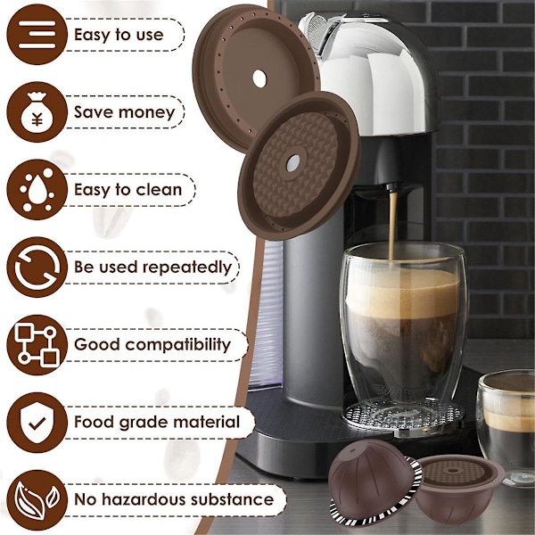 stk genanvendelige Vertuo kapsler til maskine, kaffekapsel med 2 silikonelåg, 1 ske og børste, (150 ml)