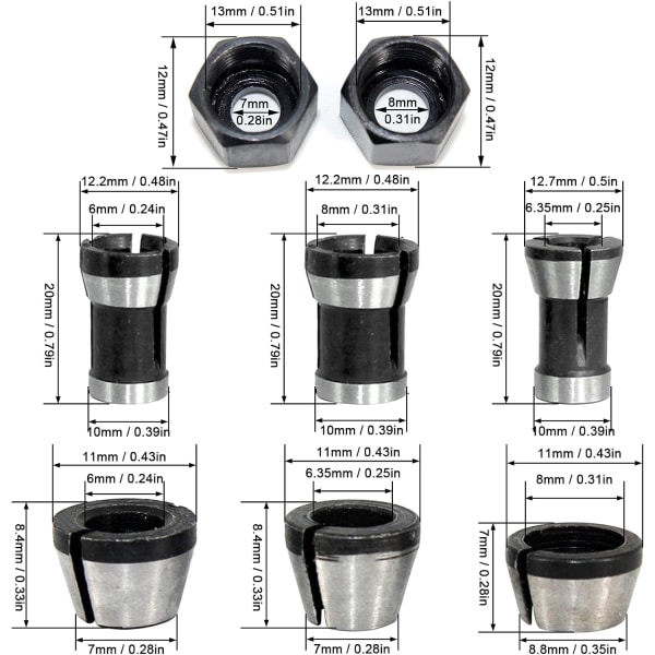 8 stk 6,35/8 mm freserchuck, trebearbeiding freserchuck chuck spennhylse freserhodeadapterkonverter for graveringsmaskiner kuttere
