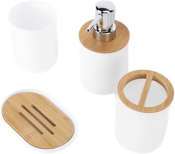 Baderomstilbehørssett med tannbørsteholder, såpeskål, lotiondispenser, munnskyllevannkopp, komplett baderomstilbehørssett}F2{