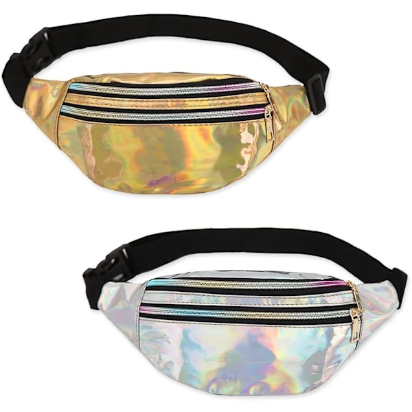 2 st Holografisk Midjeväska, Iridescent Magväska, Glänsande Bältesväska Vattentät för Sport, Resor{f2} Gold, silver