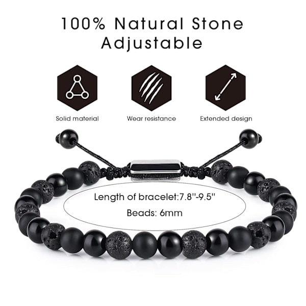 Svarta Pärl armband för Män Pojkar - 6mm Obsidian Onyx Lava Pärlor Armband Set för Par - Julgåvor Födelsedagspresenter Herrsmycken