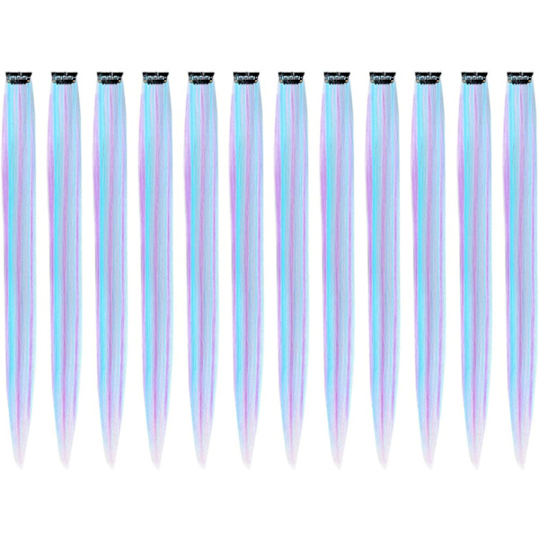 12 stk. Clip-In Hår Extensions til Piger 22 Tommer Lilla Blå Gradient Stejl Hår Extensions til Cosplay