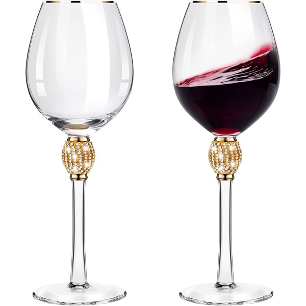 2 stycken Rhinestone rött vinglas med kant Tulpanformade diamantvinglas Långt stjälkglas för bröllop, fester, jubileum (gyllene)