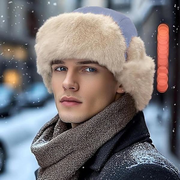 Vinter trapper hat med øreklapper, varm russisk hat til kvinder, trapper hat/skihue til mænd. blue