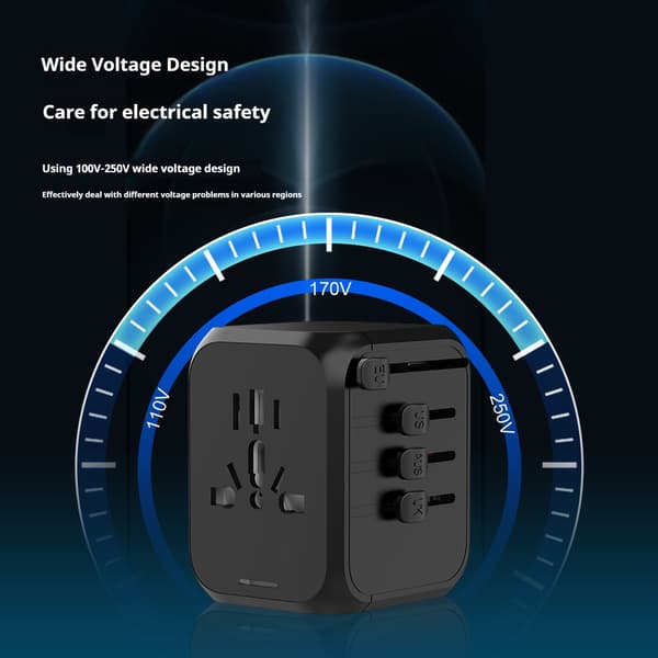- Universal World Adapter - Leveres med CE-certificering - Universal til 150 lande / Essentiel rejseadapter - USB-C - 3 USB-A - Rejsestik Wo...