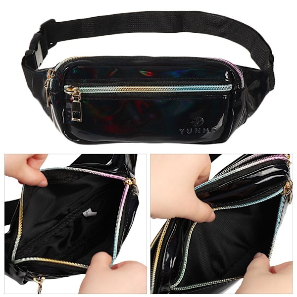 Uusi laser holografinen vyölaukku Fanny Pack Slim Shiny musta - spottimyynti musta black