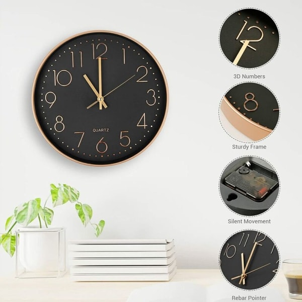 Modern Tyst Kvarts Väggklocka 30 cm, Överdimensionerade Siffror Rund Väggklocka, för Hem, Kök, Sovrum, Kontor, Skola, (Roséguld)
