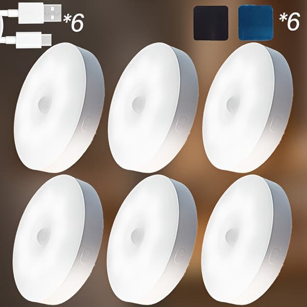 6 st rörelsesensor LED nattlampor USB uppladdningsbar vägglampa för sovrumstrappa White 6pcs