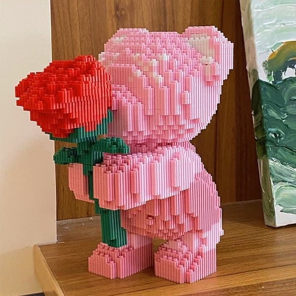 Micro Brick Bjørn Model – Kreativt Samlesæt Legetøj til Børn & Samlere *Rødt hjerte med lys*