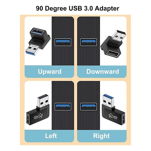 4-pak USB 3.0-adapter, vertikal opad og nedad vinkel, horisontal venstre og højre vinkel, USB han til hun