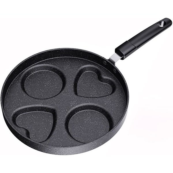 9,7\" 4-Huls Stegepande Non-Stick, Hjerteformet Pandekagepande, Morgenmad Æg Stegepande Velegnet til Gasskomfur og Induktionsplade (Sort)