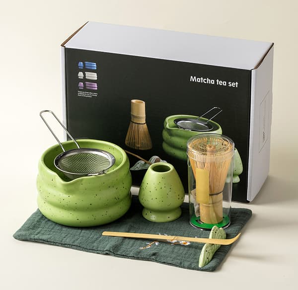Matcha set-7 delar matcha startpaket-matcha visp-Matcha set i trä-grön