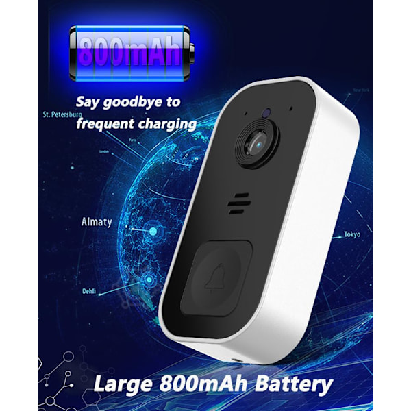 Trådløs dørklokke med kamera Wifi Video Dørklokke med Indendørs Ur 720P Vandtæt med Kamera Trådløs, Audio, Hjem Alarm Ring Intercom