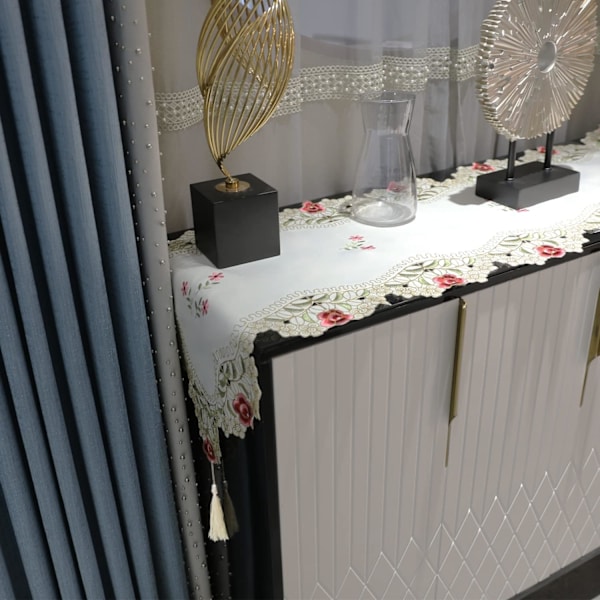 Makramé Bordløber, Rustik Hvid Blonde, Blomsterbroderi{f2}