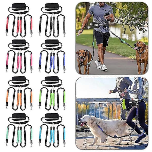 Håndfri hundebånd for 2 hunder, justerbart midjebånd med veske og polstret håndtak, tilbehør for hundelufting Blue One Leash