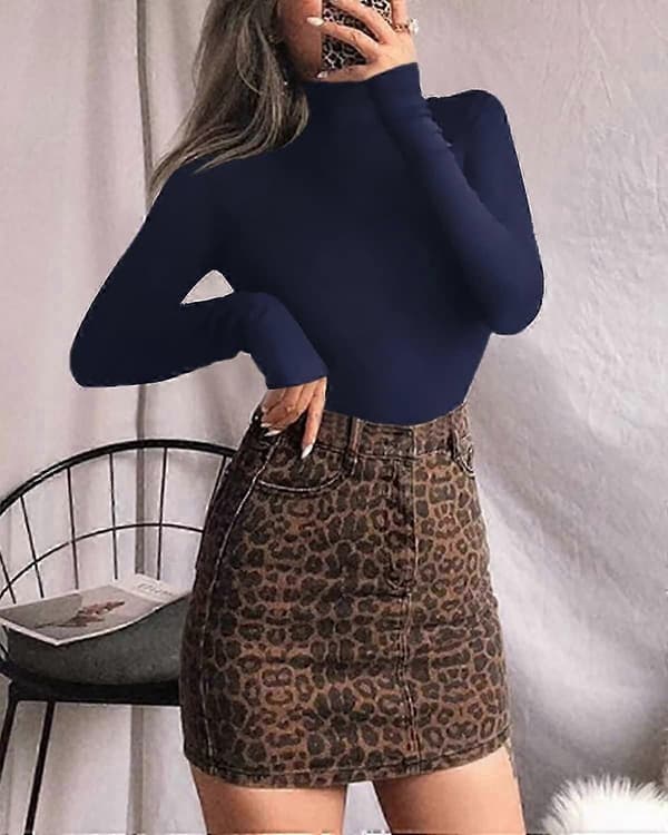 Langermet høyhalset bodysuit for kvinner Jumpsuit-topp Long Sleeve Navy Blue Medium