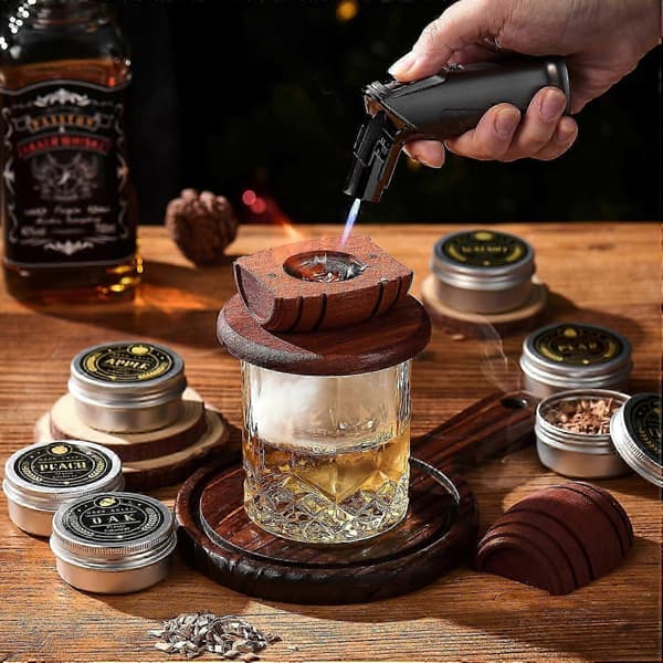 Whiskey Smoker Kit med Brænder - 6 Smagsvarianter Træflis, 2 Glas, 2 Iskubeforme Natural