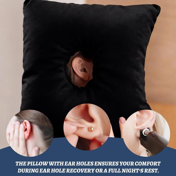 Ørepude til piercing 44 x 32 x 5 cm - 9 cm centralt hul, side sovepude til ørepiercinger, smertelindring og antiinflammatorisk (Sort) black