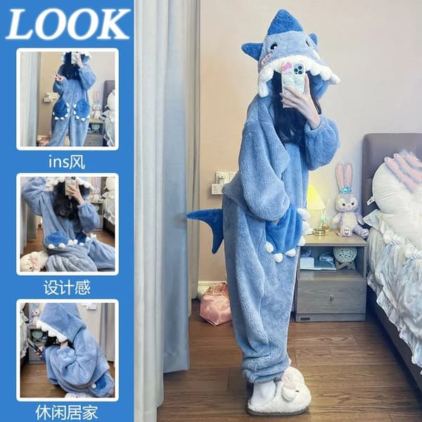 Kigurumi-onesie med hætte og haj-motiv til kvinder – Vinter-cosplay-pyjamas Slipper Only XL