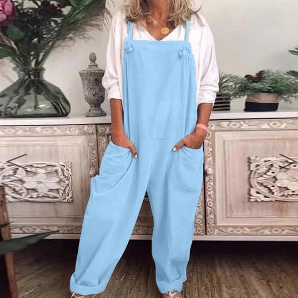 Afslappede løse overalls til kvinder, jumpsuit i bomuld og hør Light Blue L