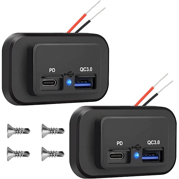 stk 12V USB-kontakter, Dobbel Quick Charge 3.0 12V kontakt USB-lader & PD type-C (USB-C), 12V 24V USB-lader vanntett strømkontakt adapter billader