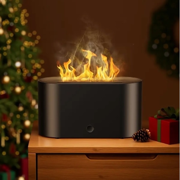 7 Farver Simuleret Flamme Luftfugter Aroma Diffuser med Farveskiftende Natlys til Hjem Aromaterapi Luftfugter Sort