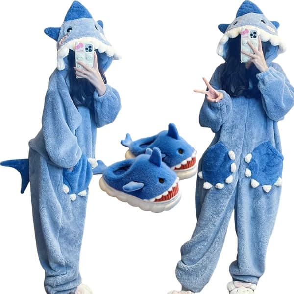 Kigurumi-pysjamas med hette for kvinner – Hai-design for vinter og cosplay Robe and Slipper M