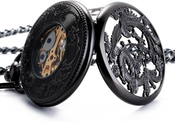 {hw} Antik Mekanisk Fickur Lyckodrake & Fenix (Bästa Önskningar)