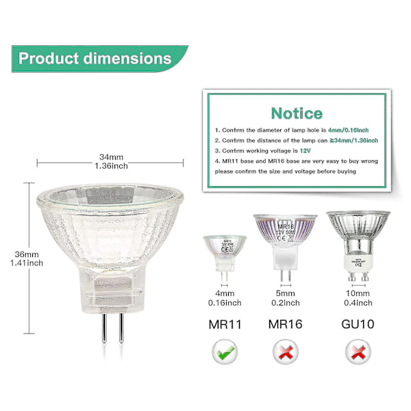Mr11 Halogenlampor (12-pack), Gu4 Halogenlampa 12v 20w, Mr11 Gu4 Dimbar Lampa Glasskydd För Taklampa, 2-Stifts Halogenlampa 2700k Varmvit
