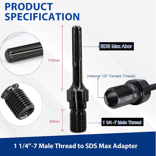 1-1/4\"-7 Han Gevind til SDS Max Kerneboreadapter Premium Handy Converter 1-1/4\"-7 SDS Max Kerneboreadapter til Betonbor
