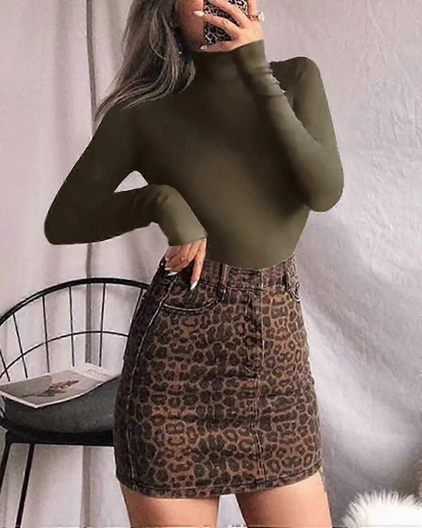 Langærmet Mock Neck Bodysuit til kvinder Jumpsuit Top Long Sleeve Army Green Medium