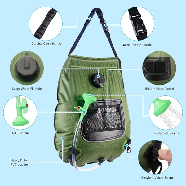 Solar Portabel Duschväska, 5 Gal/20L Soluppvärmd Utomhus Camping Duschväska med På-Av-funktion Lämplig för Camping, Vandring, Resor