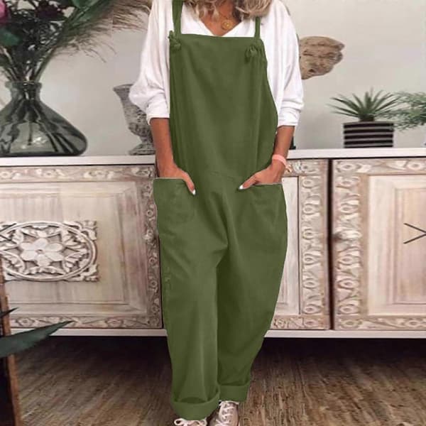 Afslappede løse overalls til kvinder, jumpsuit i bomuld og hør Green L