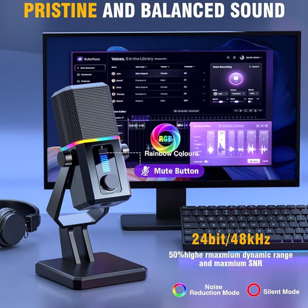 HK2 Gaming Mikrofon USB Dynamisk Dator Spel Streaming Mikrofon med RGB-ljus Mute-knapp Gain Control Skrivbords Podcast Mikrofon för Twitch YouTube Studio