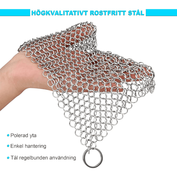 Valurautapuhdistin Ruostumattomasta teräksestä valmistettu hankauspesin 18 x 18 cm rengaspanssaripesukone, sopii kaikentyyppisille paistinpannuille, valurautapannuille, grilleille ja uuneille