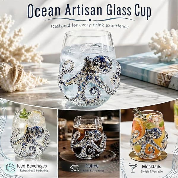 Håndlavet Blåringet Blæksprutte Glas, 12oz 3D Præget Havdyr Stilkløst Vinglas, Håndlavet Havdyr Bar Glas Turtle