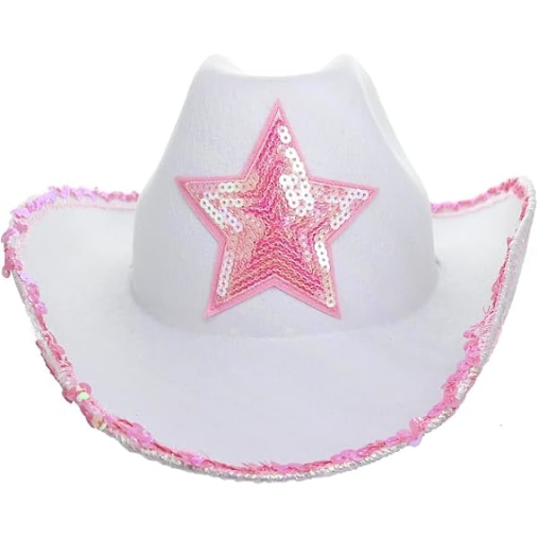 GiftExpress Vit Filt Cowboyhatt med Rosa Sekvensstjärna, Country-Tema Fest Cowboy Klä Upp Lek Kostymhatt
