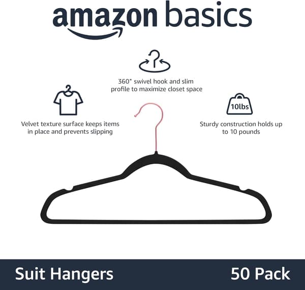 Amazon Basics Ohuet samettiset liukumattomat pukupuuhenkarit - 50 kpl, musta black gold
