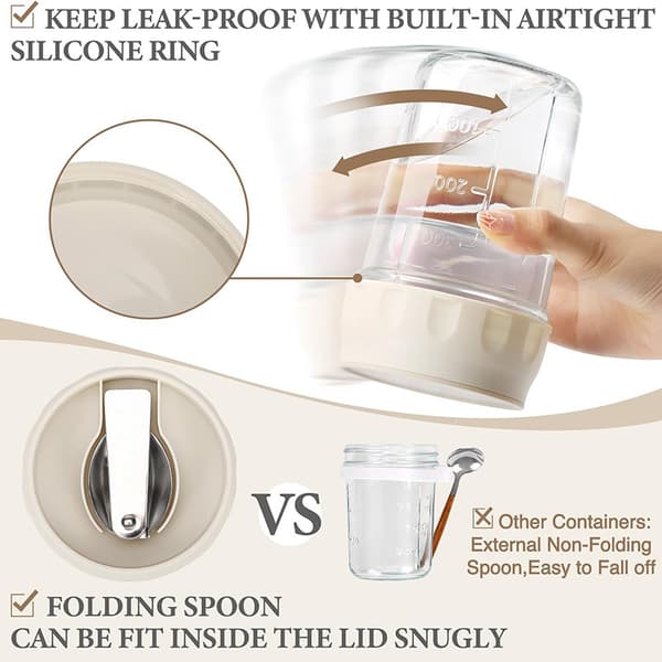 Overnight Oats Glas med Foldbar Ske - 500 ml Glas Morgenmadsbeholder - Lufttæt Mason Jar til Måltidsforberedelse Hvid