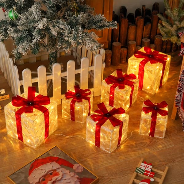 st, Julklappslåda Belysning, Transparent Varm Ljus Julbox Drivs av Batteri/USB, 8 Blinkande Lägen, Inklusive Timerfunktion 3 presentaskar (8 lägen) Varmt Ljus
