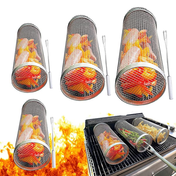 2 stk. Rullende Grillkurv - Den Bedste Grillkurv Nogensinde, Rund Grillnet i Rustfrit Stål 20cm