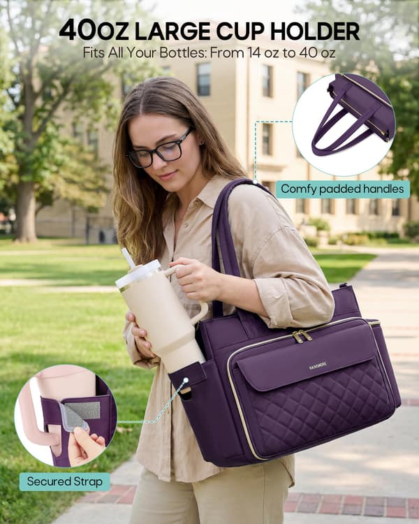 RAINSMORE Lærertaske til kvinder, 15.6\" Laptop Arbejdstaske, 40oz Krusholder{F2} Purple