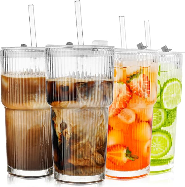 4-pack 600 ml räfflade glas med lock och sugrör, tjockväggiga räfflade kaffeglas, lufttäta vattentäta smoothieglas, vakuumisolerade dricksglas 4