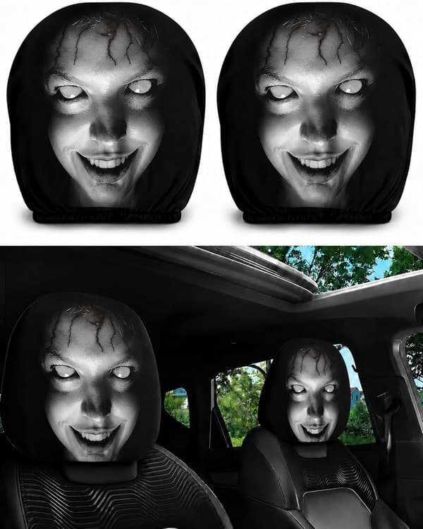 2 st Ghost Face Nackstödsskydd, Skrämmande Ansiktsmönster Bilbarnstol Universella Elastiska Modeller Nackstödsskydd A