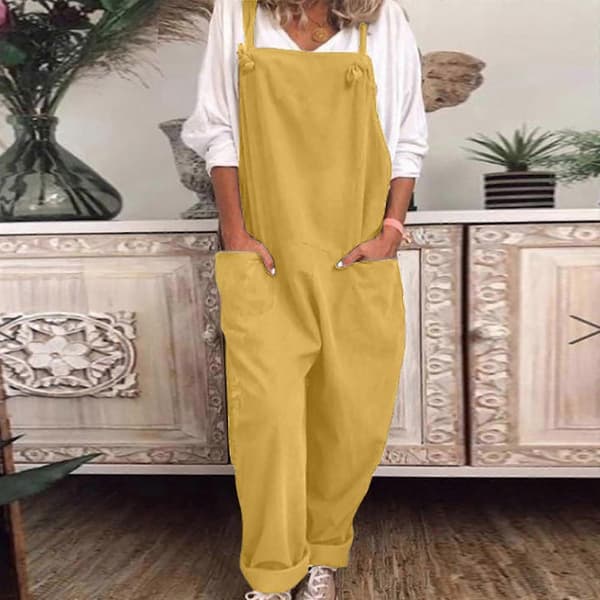 Afslappede løse overalls til kvinder, jumpsuit i bomuld og hør Yellow M