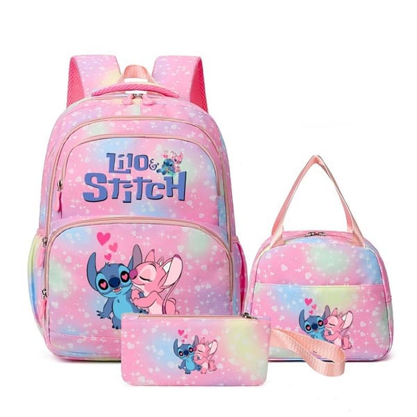 Stitch tegneserie rygsæk 3-delt sæt – Stor kapacitet vandtæt skolerygsæk til studerende Pink 4