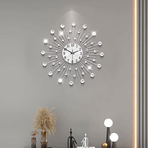 Kristall Diamant Väggklocka Modern Väggklocka Blommig Väggklocka Tyst Metallklocka Hem Väggkonst Dekoration (50cm Silver) 50cm{F2} 50cm