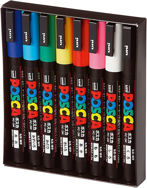 Uni-Ball POSCA PC3M Markørpenne Kuglepen 0,9 til 1,3 mm Assorterede Farver – Pakke med 8